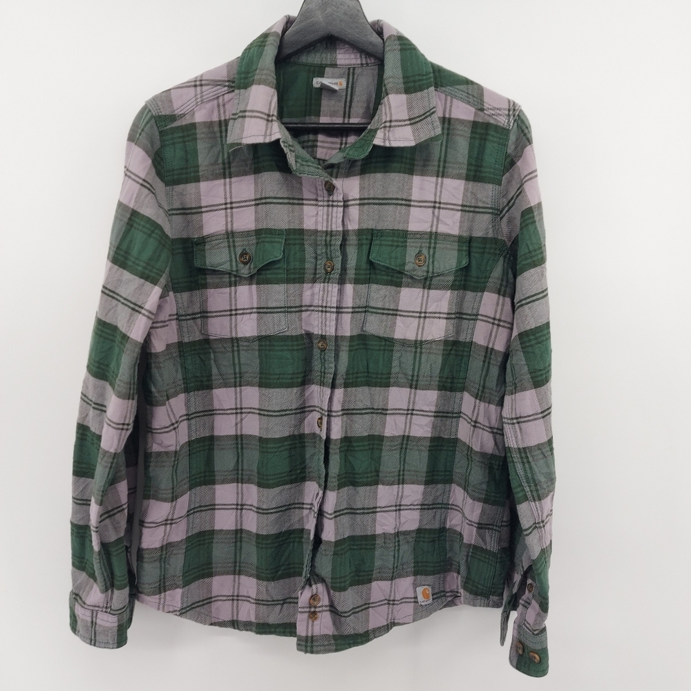 Carhartt Plaid Flannel Button Down Shirt Size Medium Green